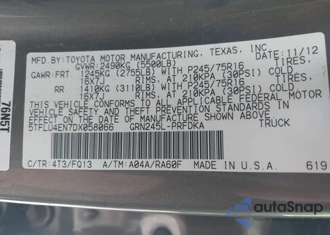 2013 Toyota Tacoma Base V6 z USA, uszkodzony, nr VIN 5TFLU4EN7DX058066